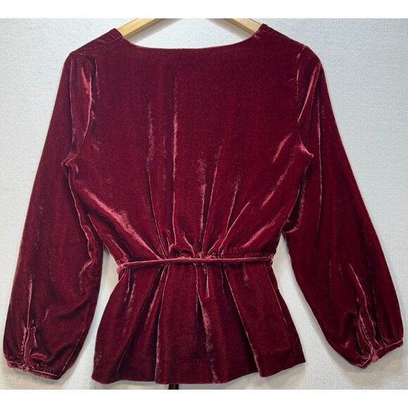 J. Crew Womens Faux Wrap Velvet V Neck Top Long Sleeve Tie Waist Size 4 Burgundy - Picture 2 of 11